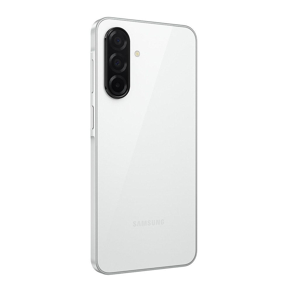 Uno smartphone Samsung bianco, vista posteriore, con tre obiettivi. Il telefono ha una cornice argentata e il logo Samsung.