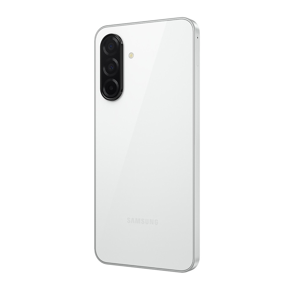 Retro di smartphone bianco con tre lenti della fotocamera. Il logo Samsung è visibile. Il telefono ha una cornice argentata.