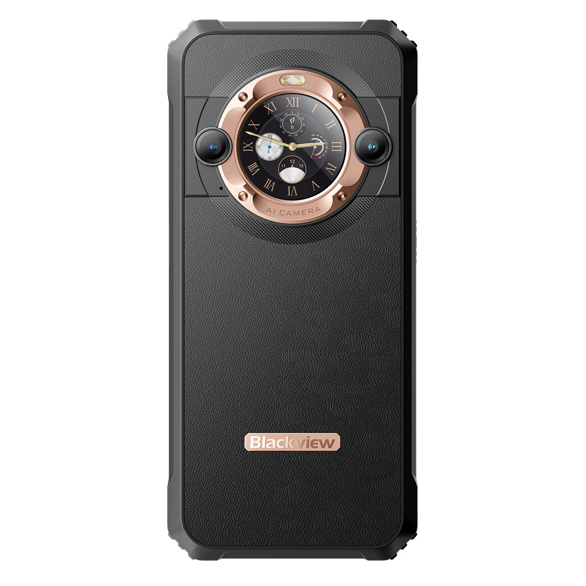 Smartphone nero con design della fotocamera rotondo, con un'interfaccia a forma di orologio. Ha un retro nero strutturato e dettagli dorati.
