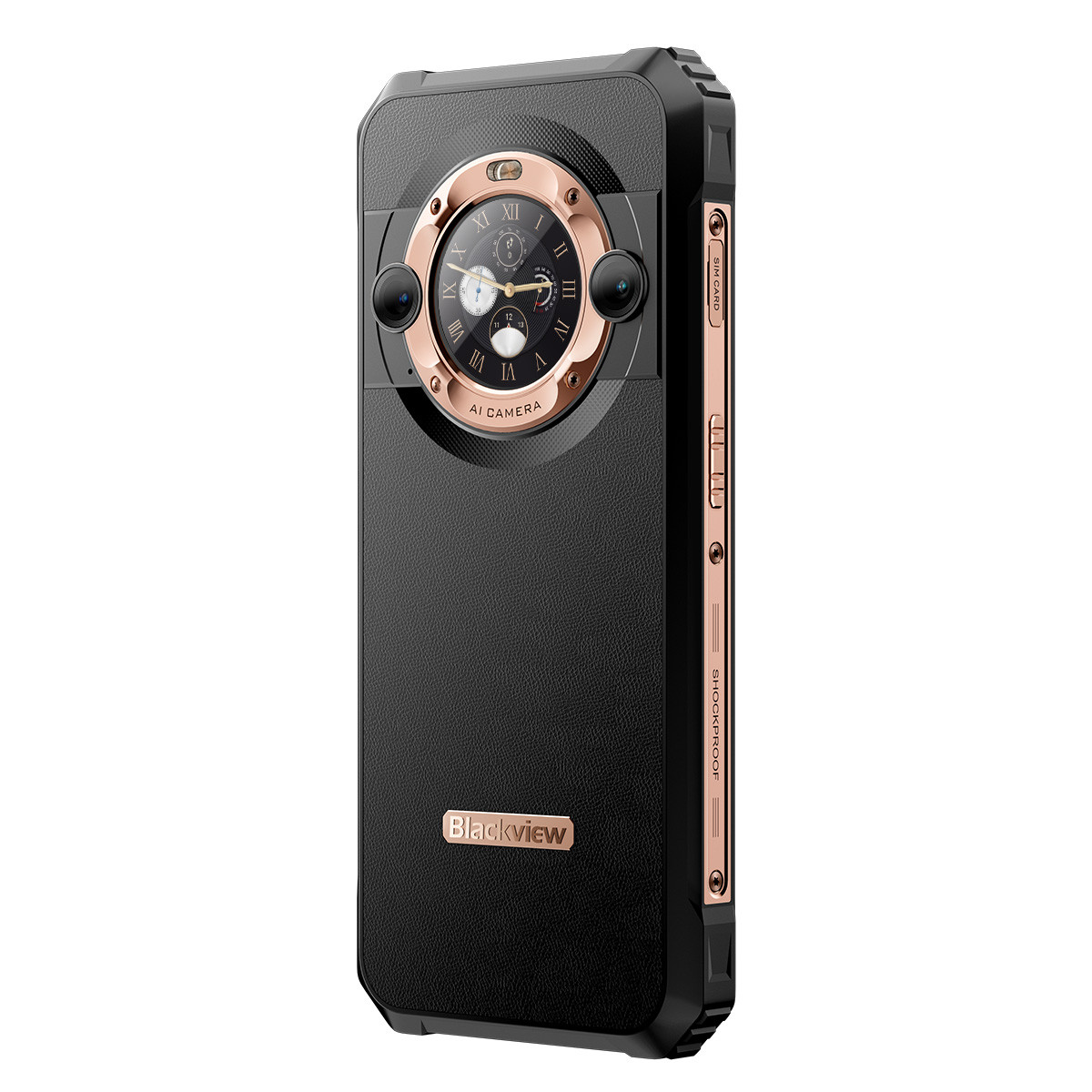 Telefono Blackview rugged con fotocamera AI, dettagli dorati e corpo nero. Slot SIM e design antiurto.