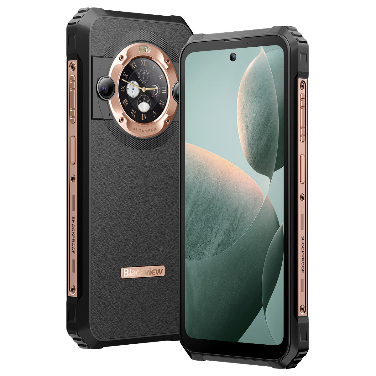 Due smartphone neri e oro. Uno mostra lo schermo, l'altro la fotocamera con un quadrante.