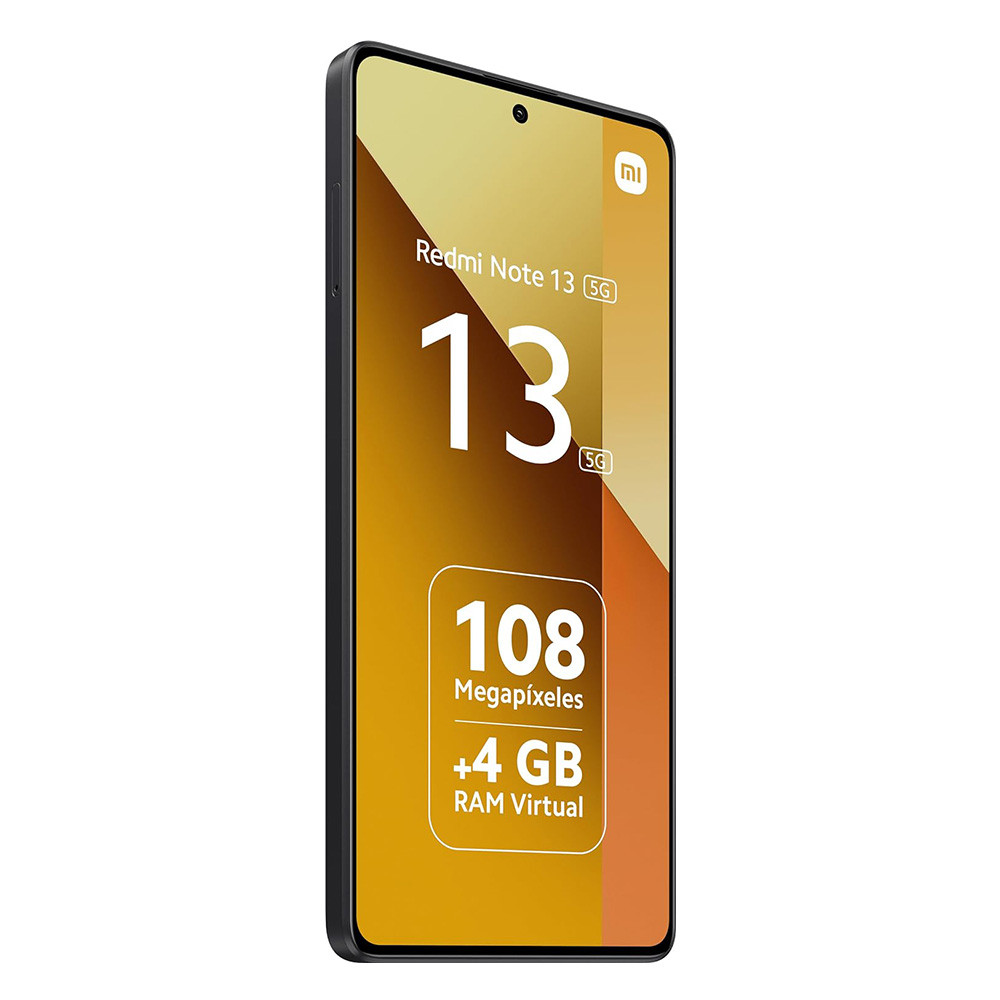 Czarny smartfon wyświetla informacje. Ma logo Redmi Note 13 5G, numer 13 oraz szczegóły dotyczące aparatu i pamięci RAM.