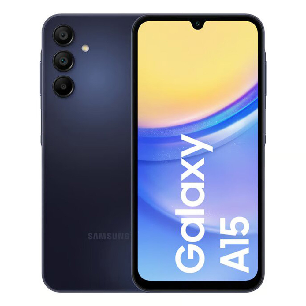 Ciemnoniebieski smartfon Samsung Galaxy A15. Ekran pokazuje kolorowy wyświetlacz. Trzy kamery z tyłu.