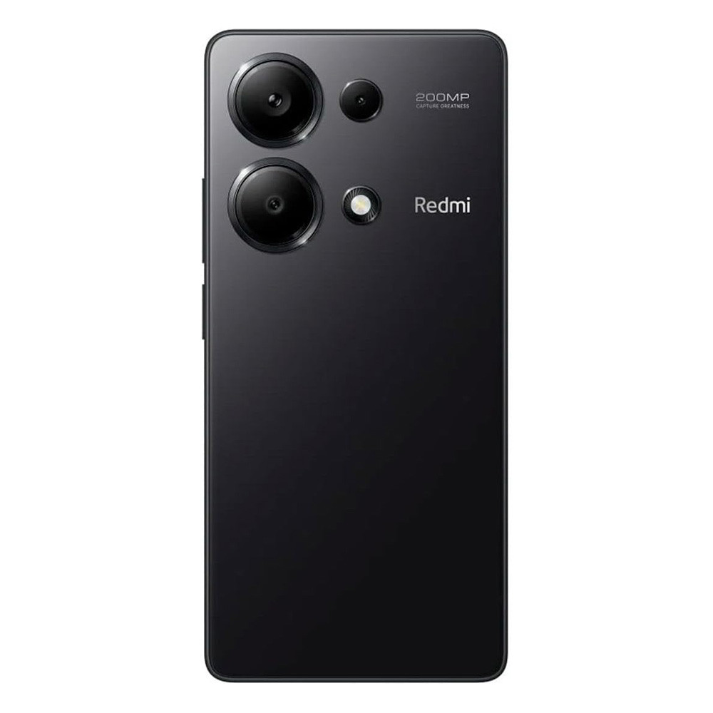 Üç kameralı ve flaşlı siyah akıllı telefon arkası. Redmi logosu görünür. Metin: 200MP Capture Greatness.