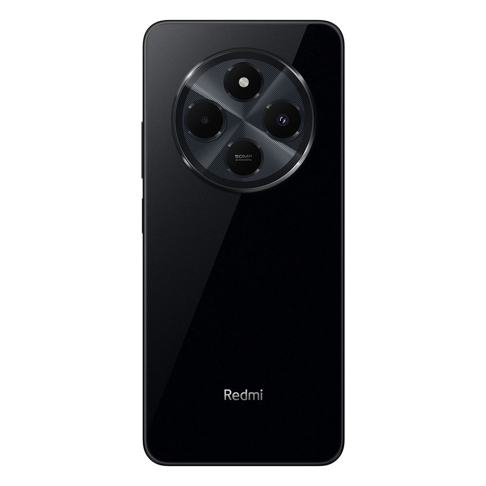 Czarny smartfon z okrągłym modułem aparatu. Ma trzy obiektywy i logo Redmi. Tył jest błyszczący.