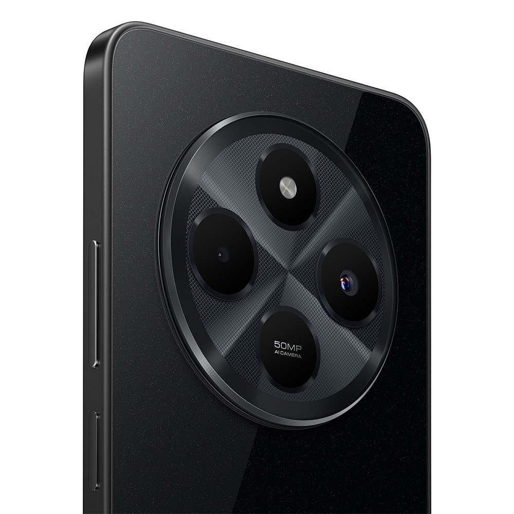 Zbliżenie modułu tylnego aparatu czarnego smartfona. Widoczne są cztery obiektywy, lampa błyskowa i napis '50MP AI CAMERA'.