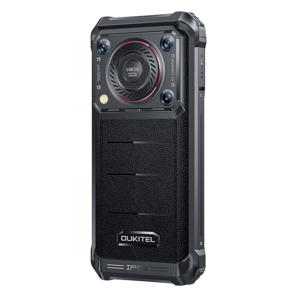 Czarny, wytrzymały smartfon Oukitel IP68. Posiada wiele kamer, teksturowaną tylną obudowę i logo Oukitel. Solidna konstrukcja.