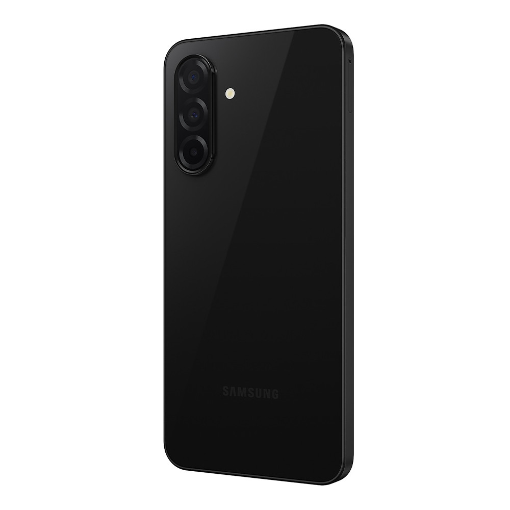 Czarny smartfon Samsung. Aparat z trzema obiektywami w lewym górnym rogu. Logo 'SAMSUNG' na dole. Elegancki design.