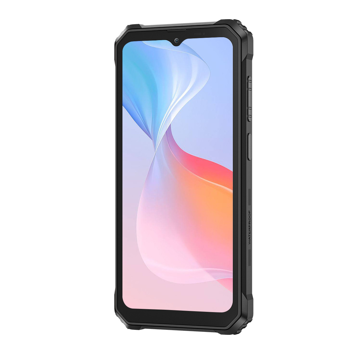 Czarny smartfon z ekranem pokazującym kolorowy, abstrakcyjny wzór. Telefon ma wytrzymałe krawędzie, widoczny jest napis WATERPROOF.