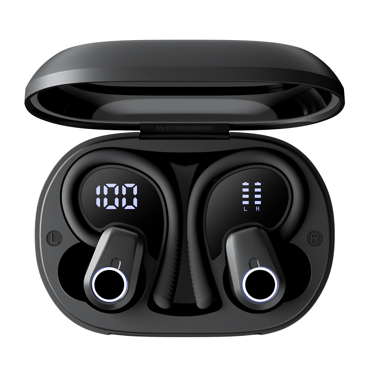 Auricolari wireless neri in una custodia di ricarica aperta. Visualizza 100. Indicatori L e R visibili. La custodia è su sfondo bianco.