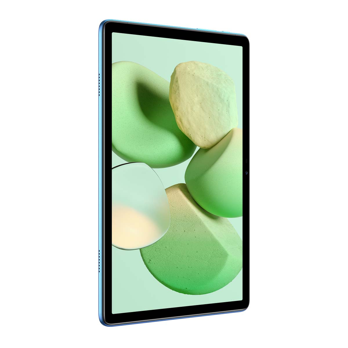 Un tablet blu con uno schermo verde chiaro che mostra forme astratte in tonalità di verde e bianco, su sfondo bianco.