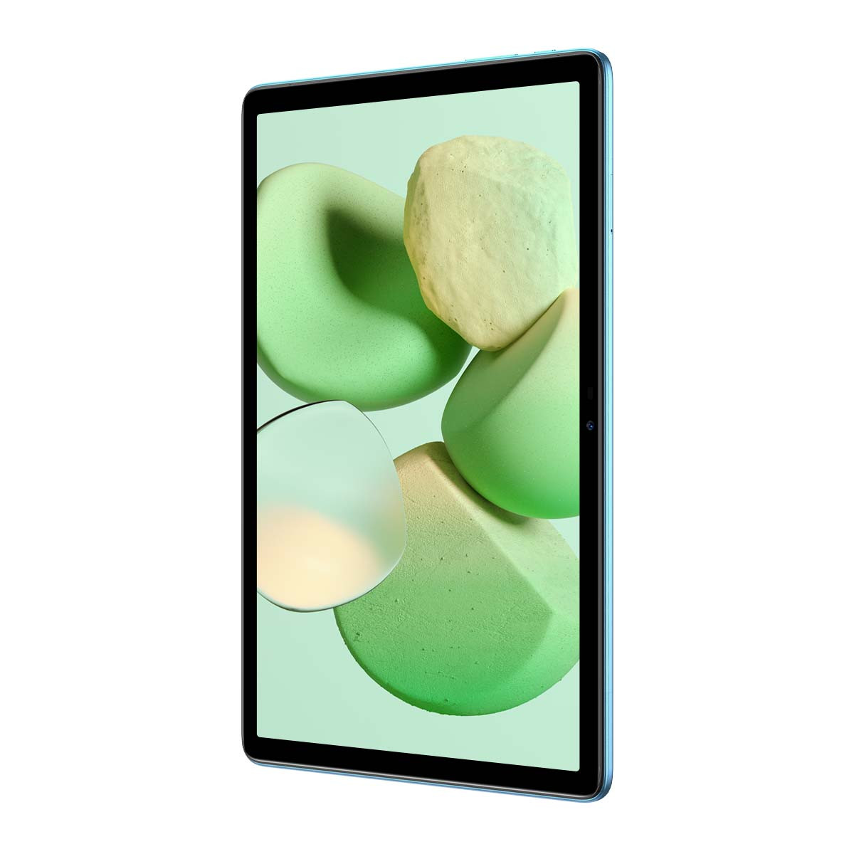 Un tablet con cornice azzurra. Lo schermo mostra forme verdi arrotondate su sfondo verde chiaro.