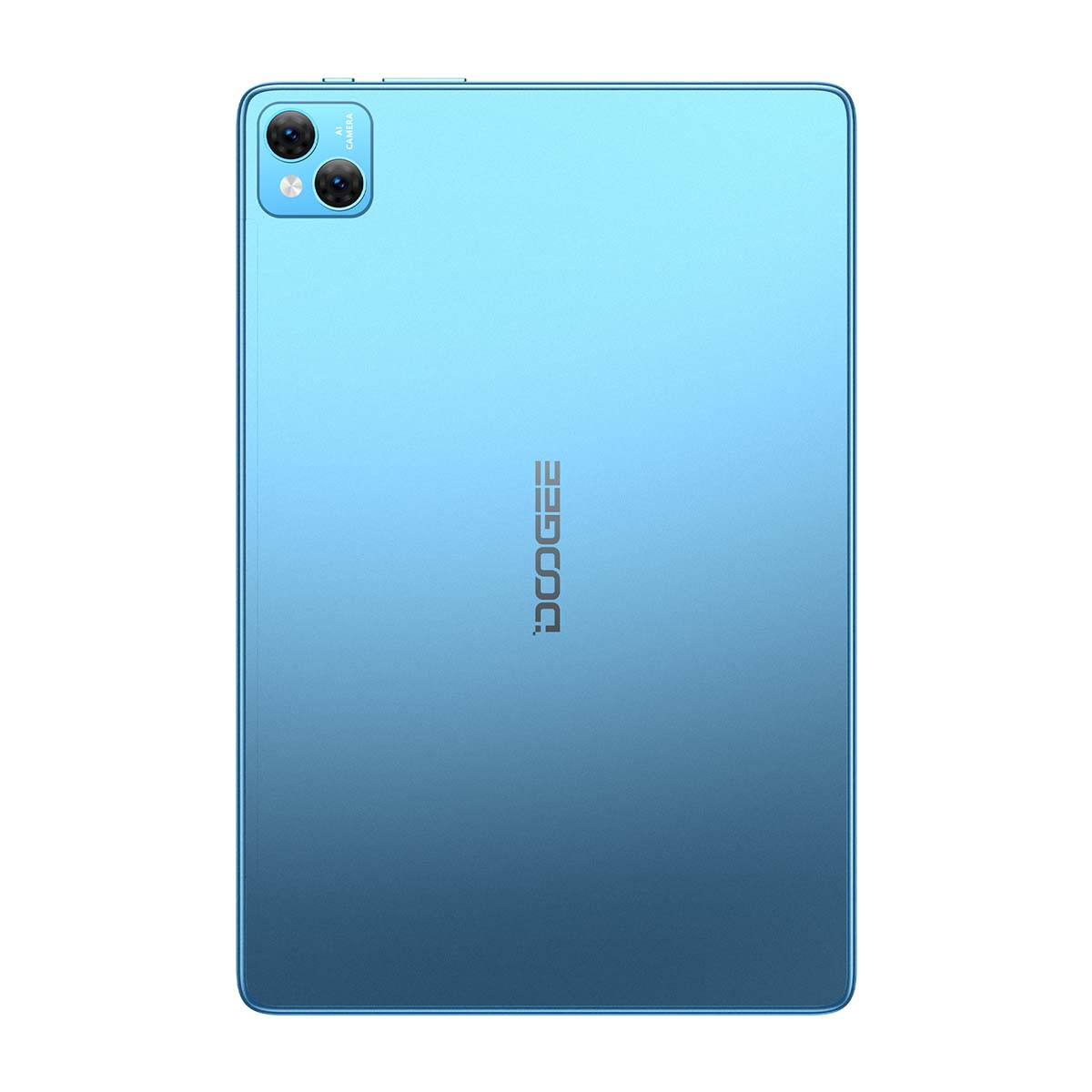 Un tablet blu con modulo fotocamera in alto a sinistra. La parola "DOOGEE" è stampata verticalmente al centro.