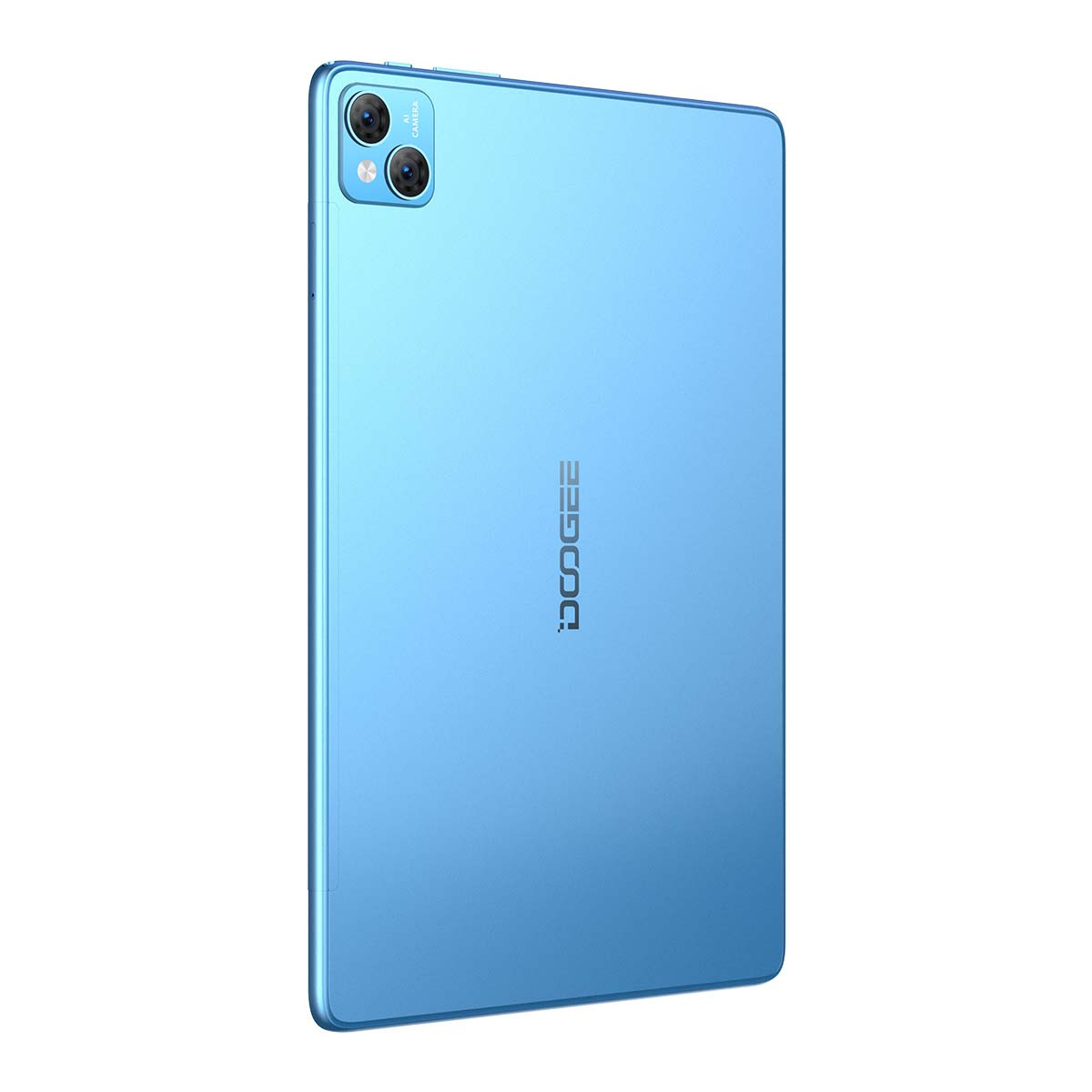 Tablet azzurro chiaro, vista posteriore, con doppia fotocamera in alto a sinistra e logo "DOOGEE" in basso.