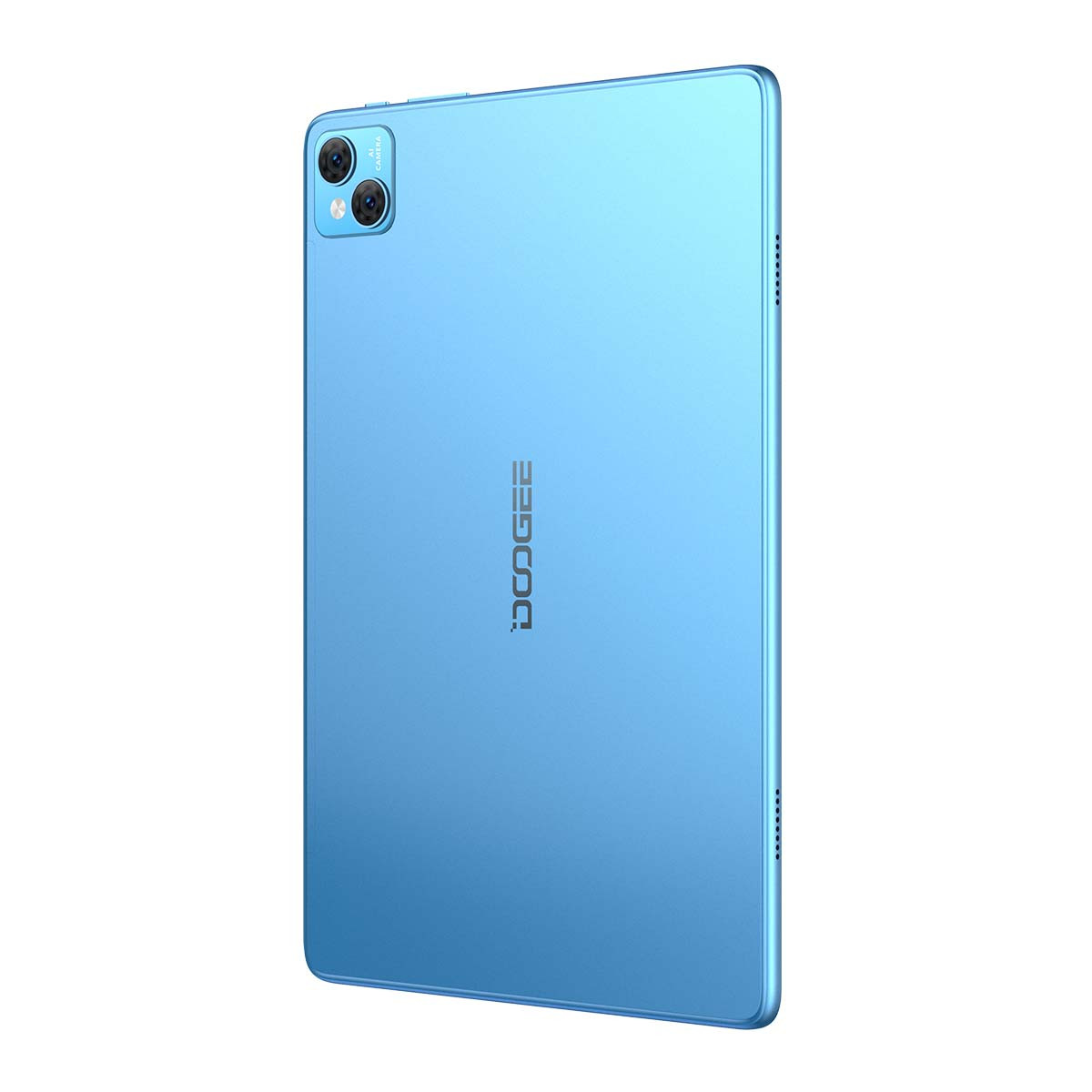 Un tablet azzurro chiaro, visto da dietro. Ha una configurazione a doppia fotocamera e il marchio "DOOGEE" è stampato.
