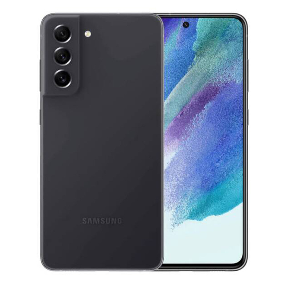 Czarny smartfon Samsung. Widok z tyłu pokazuje kamery i logo. Ekran wyświetla niebiesko-biały abstrakcyjny wzór.