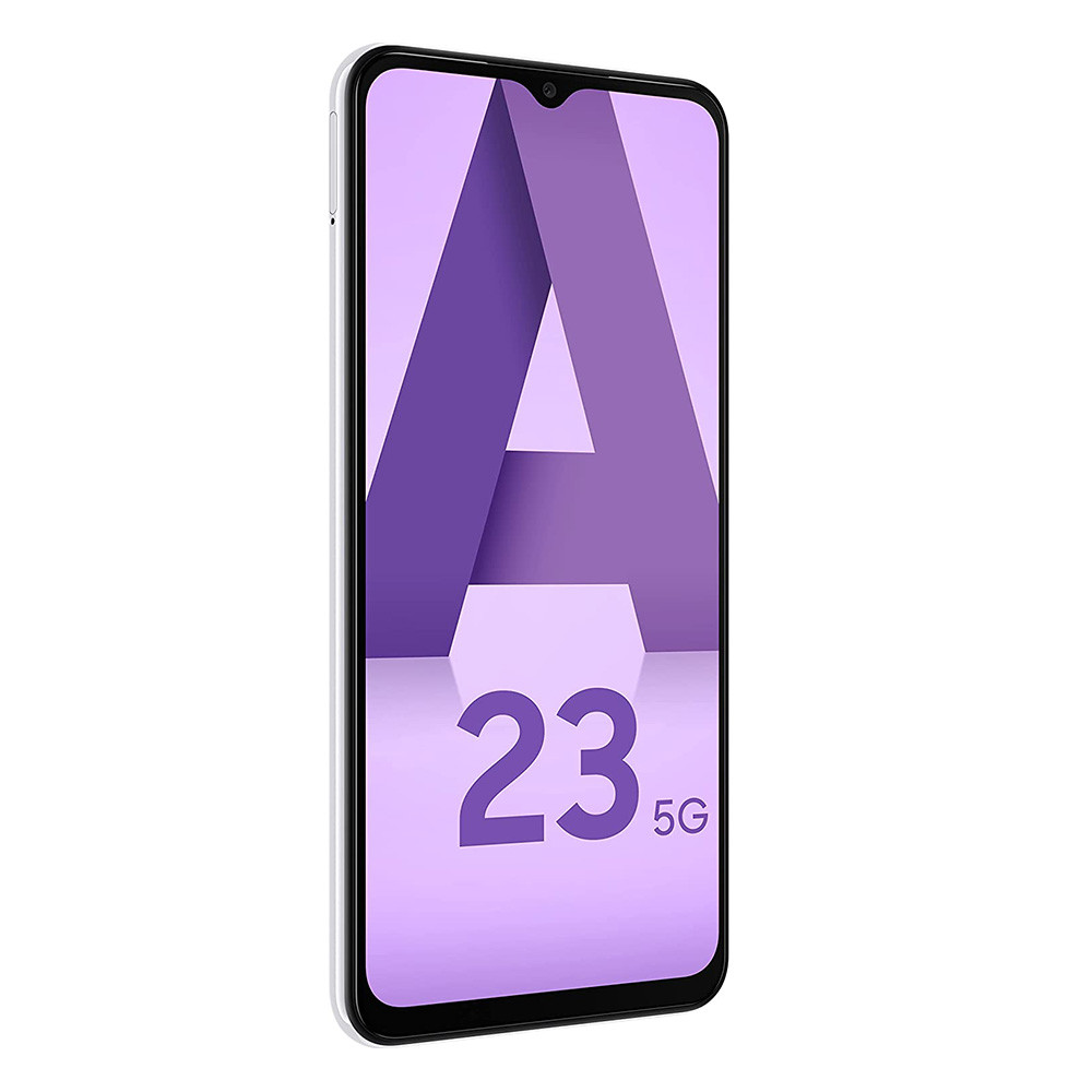 A white smartphone displaying a purple screen. The screen shows the letter 'A' and the numbers '23' with '5G'.
