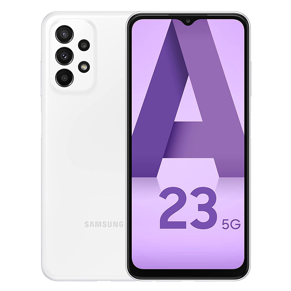 A white Samsung A23 5G phone. The screen displays a purple 'A' and '23 5G'. The back has cameras.