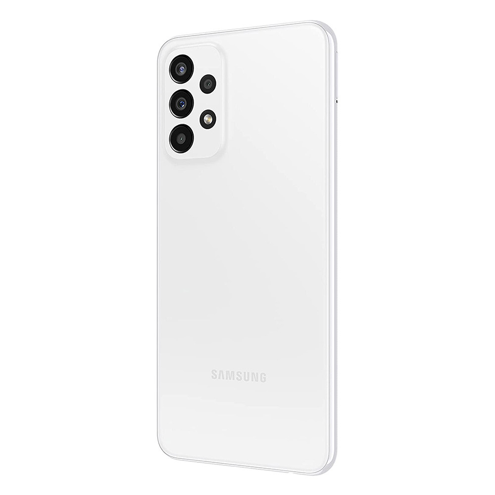 White Samsung phone back view. Multiple camera lenses on top left. Samsung logo at the bottom. Sleek, white design.