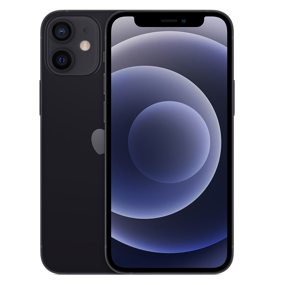 Czarny iPhone 12, pokazujący tył z dwoma aparatami i ekran przedni z ciemnym, abstrakcyjnym wzorem.