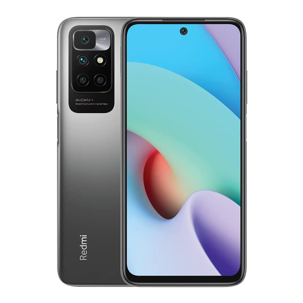 Szary smartfon Redmi. Posiada system wielu aparatów, wyświetlacz z wcięciem w kształcie kropli i logo Redmi z tyłu.