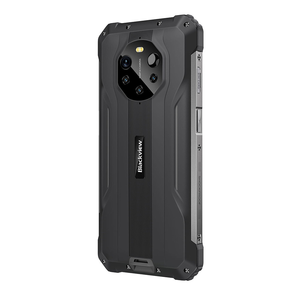 Smartphone Blackview robusto, nero e grigio, con più fotocamere posteriori. Resistente agli urti e slot SIM.