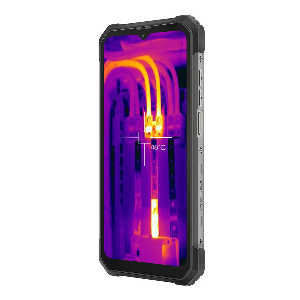 Un telefono robusto mostra un'immagine a infrarossi. Le aree gialle e arancioni evidenziano il calore. Lo schermo mostra 48°C. Il telefono ha un involucro nero e grigio.