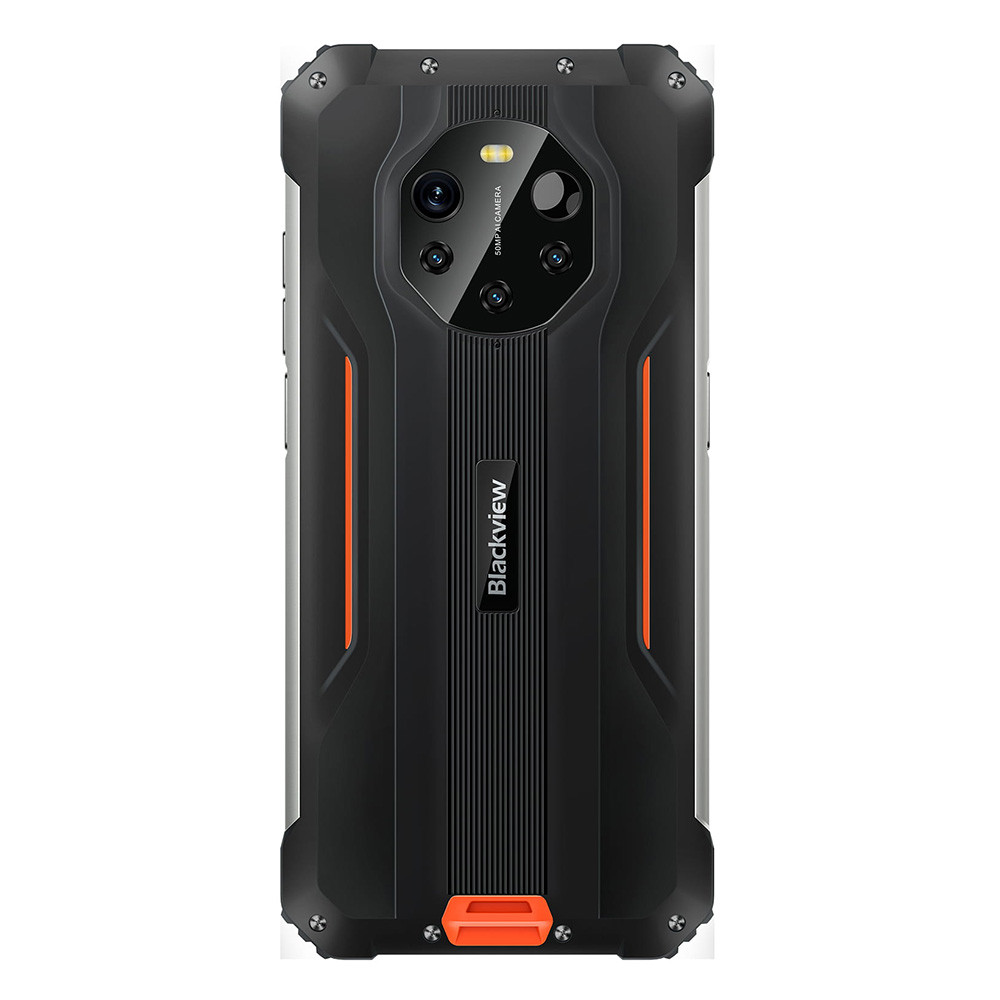 Retro del robusto smartphone nero. Design nero e arancione. Obiettivi multipli della fotocamera. Logo Blackview. Superficie strutturata.