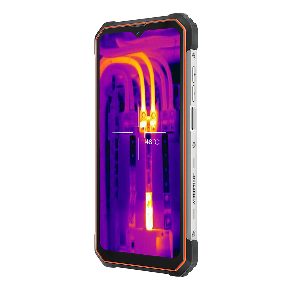 Smartphone robusto che mostra immagine termica di componenti elettrici, temperatura 48°C. Cornice nera e arancione, pulsanti laterali argentati, testo impermeabile.