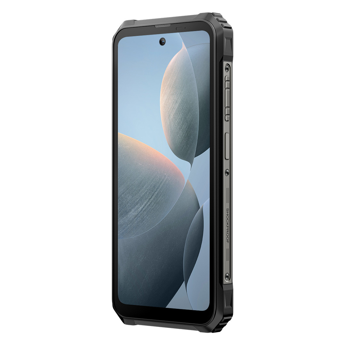 Ein schwarzes Smartphone mit robustem Gehäuse. Der Bildschirm zeigt ein verschwommenes, abstraktes Design. Die Seite hat Knöpfe und den Text 'SHOCKPROOF'.