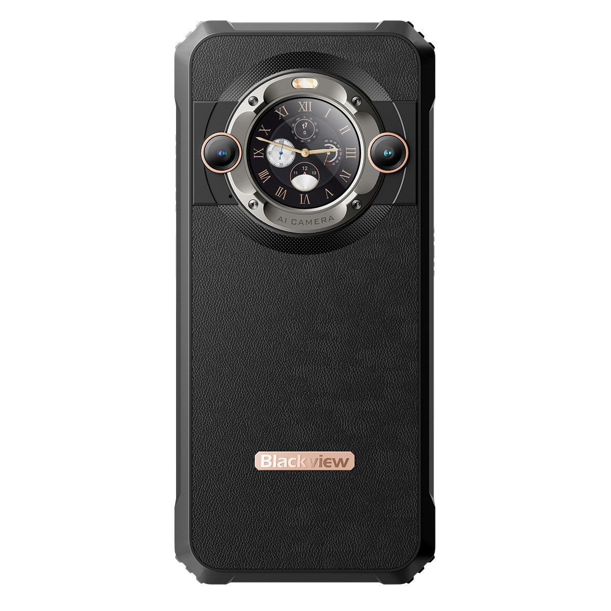 Schwarzes Smartphone mit kreisförmigem Kameramodul, römischen Ziffern und einem uhrähnlichen Design. AI-Kamera-Label.