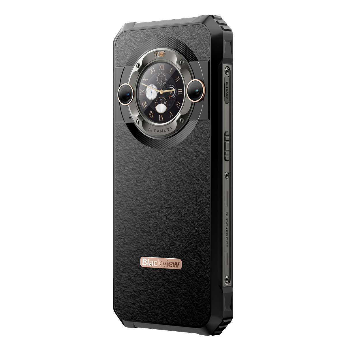Schwarzes Blackview-Smartphone mit robustem Design. Merkmale: KI-Kamera, SIM-Kartensteckplatz und stoßfeste Beschriftung.