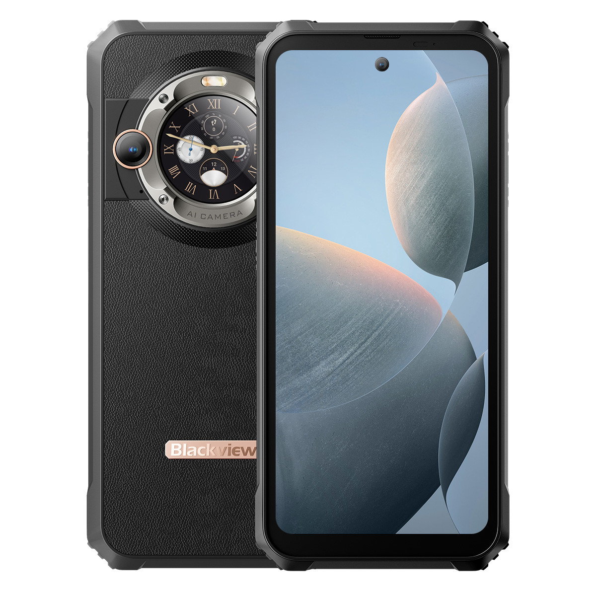 Zwei schwarze Smartphones. Eines zeigt ein Zifferblatt, das andere einen Bildschirm mit grau-blauem, abstraktem Design. Blackview-Logo.
