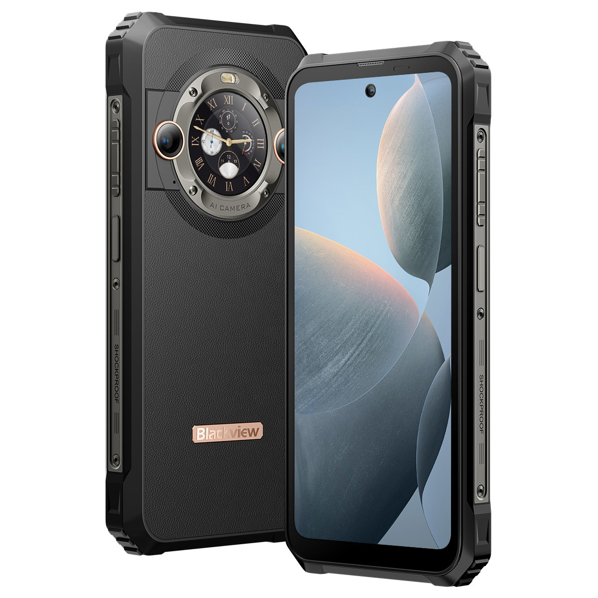 Zwei robuste schwarze Smartphones. Eines zeigt den Bildschirm, das andere ein uhrähnliches Kameramodul. Blackview-Logo sichtbar.