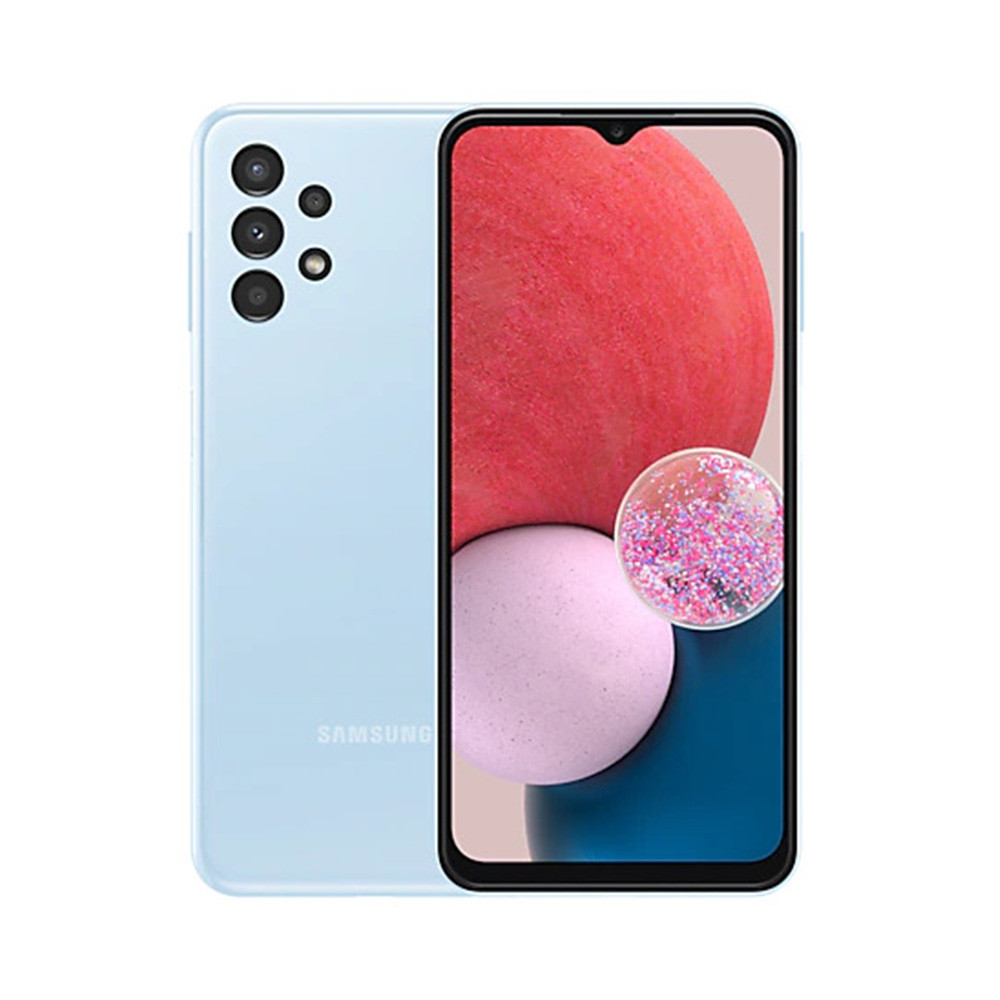 Ein hellblaues Samsung-Telefon. Der Bildschirm zeigt ein rotes und weißes Muster mit einer kleinen Blase. Die Rückseite hat mehrere Kameras.