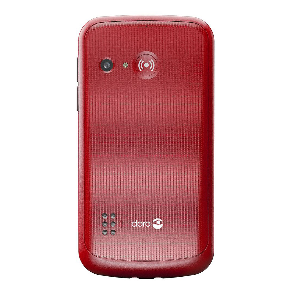 Tył czerwonego telefonu Doro. Obecna kamera, symbol ładowania bezprzewodowego i logo Doro. Teksturowana powierzchnia.