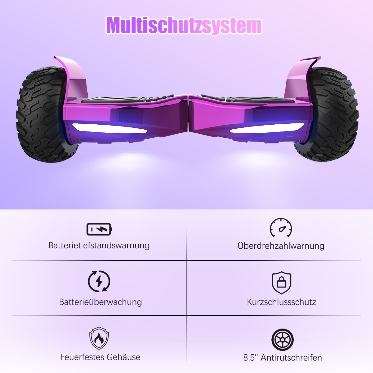 Ein lila Hoverboard mit schwarzen Reifen. Text: Multi-Schutzsystem, Batterie Warnung, Überdrehzahl Warnung, uvm.