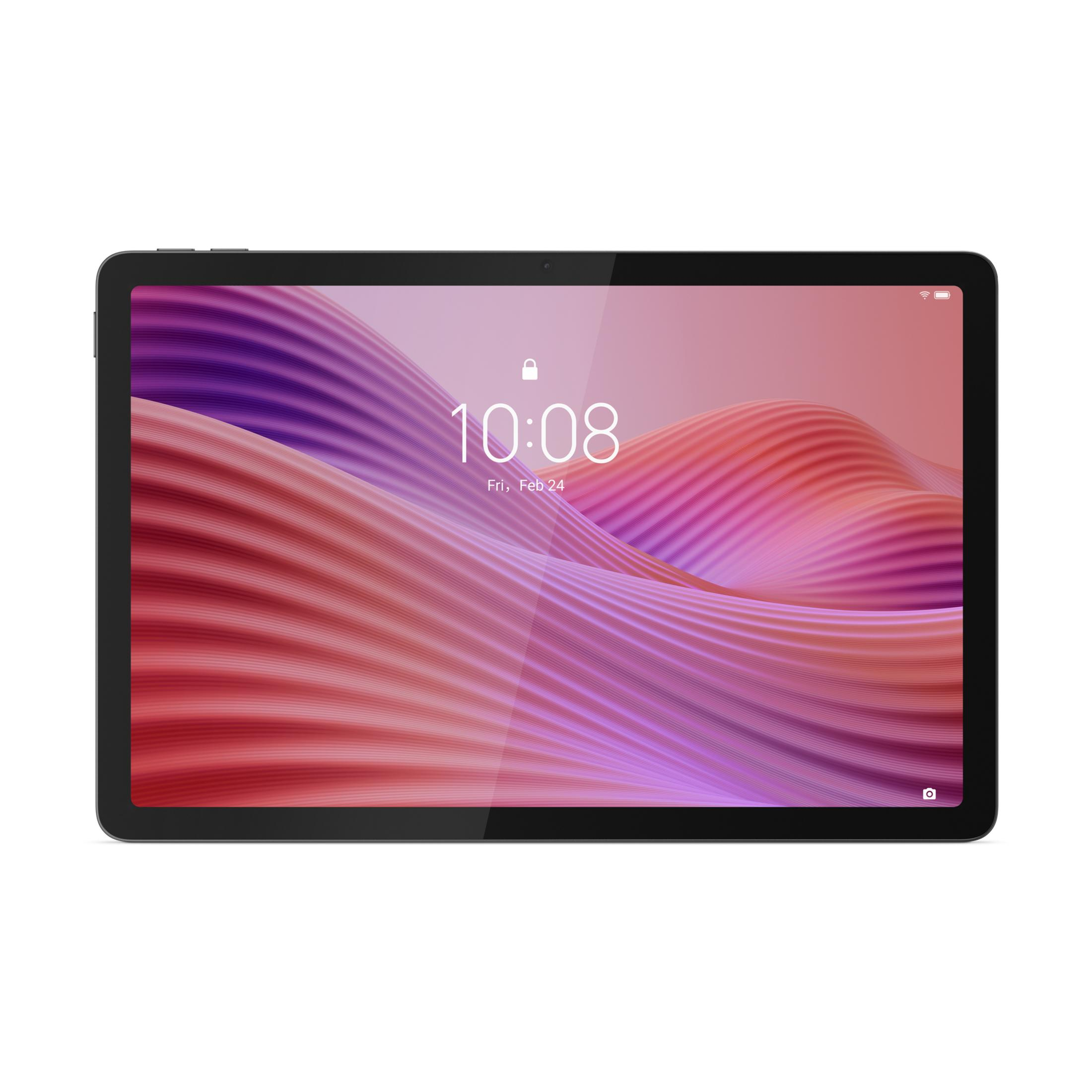 Un tablet nero mostra una schermata di blocco con l'ora 10:08 e la data. Lo schermo ha uno sfondo ondulato e colorato.
