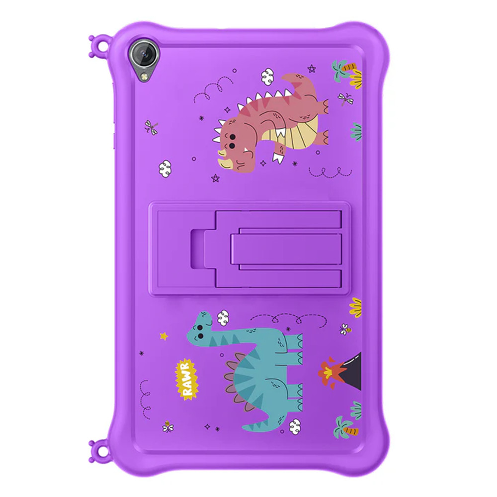 Fioletowe etui na tablet z ilustracjami dinozaurów. Etui ma podstawkę i zaokrąglone rogi. Dinozaury są różowe i niebieskie.