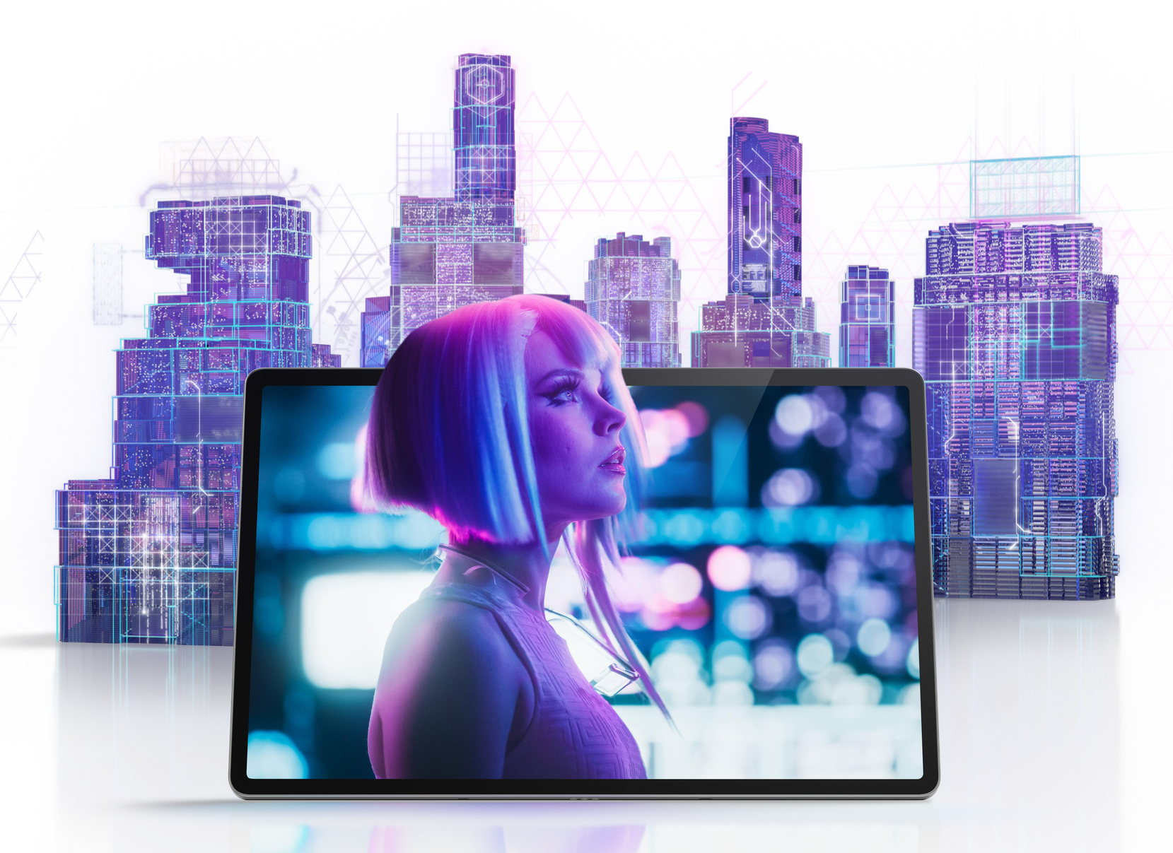 Kobieta z różowymi i białymi włosami jest w tablecie. Za tabletem znajdują się futurystyczne budynki.
