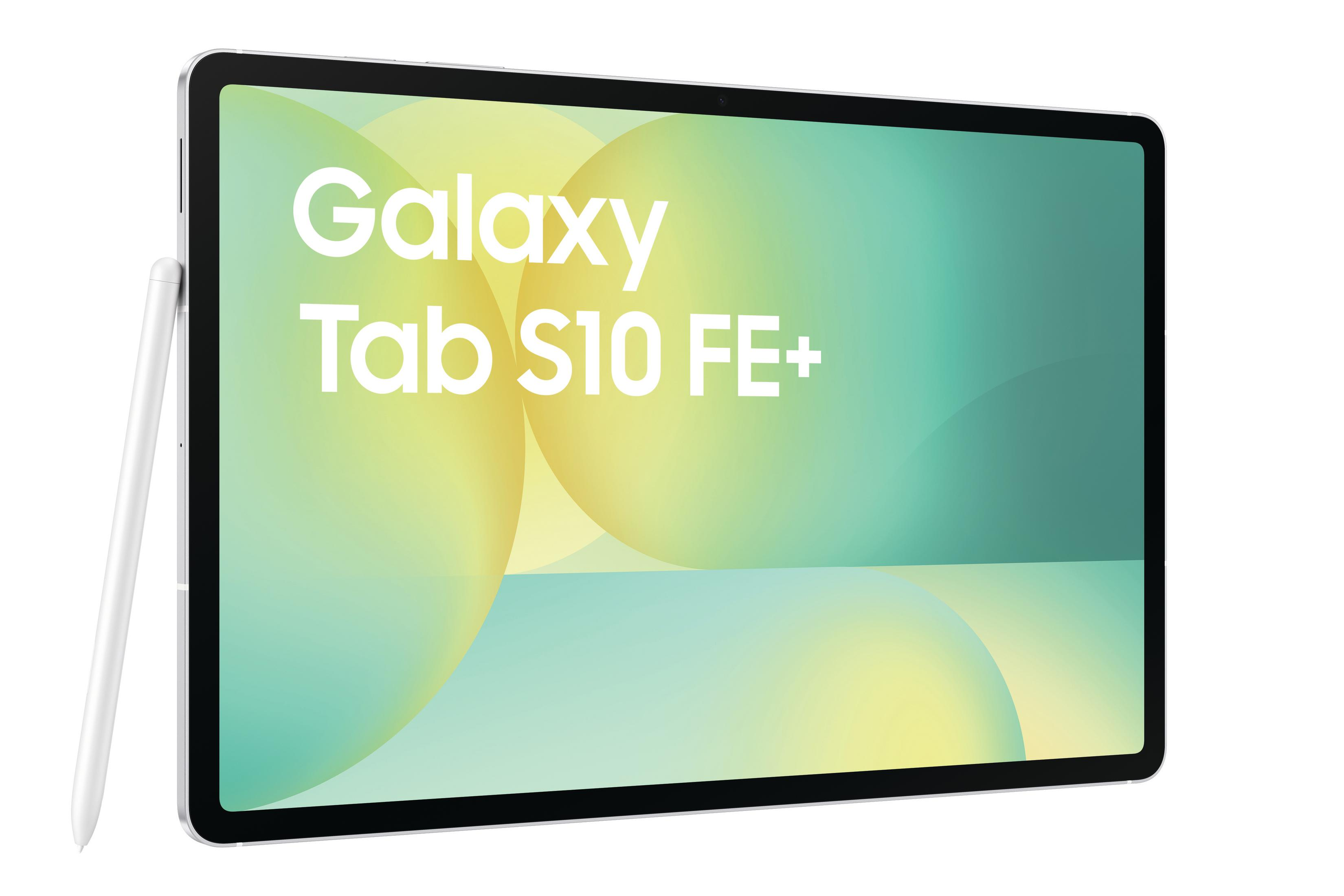 Pokazano tablet z rysikiem. Ekran wyświetla Galaxy Tab S10 FE+. Tło ma żółte i zielone gradienty.