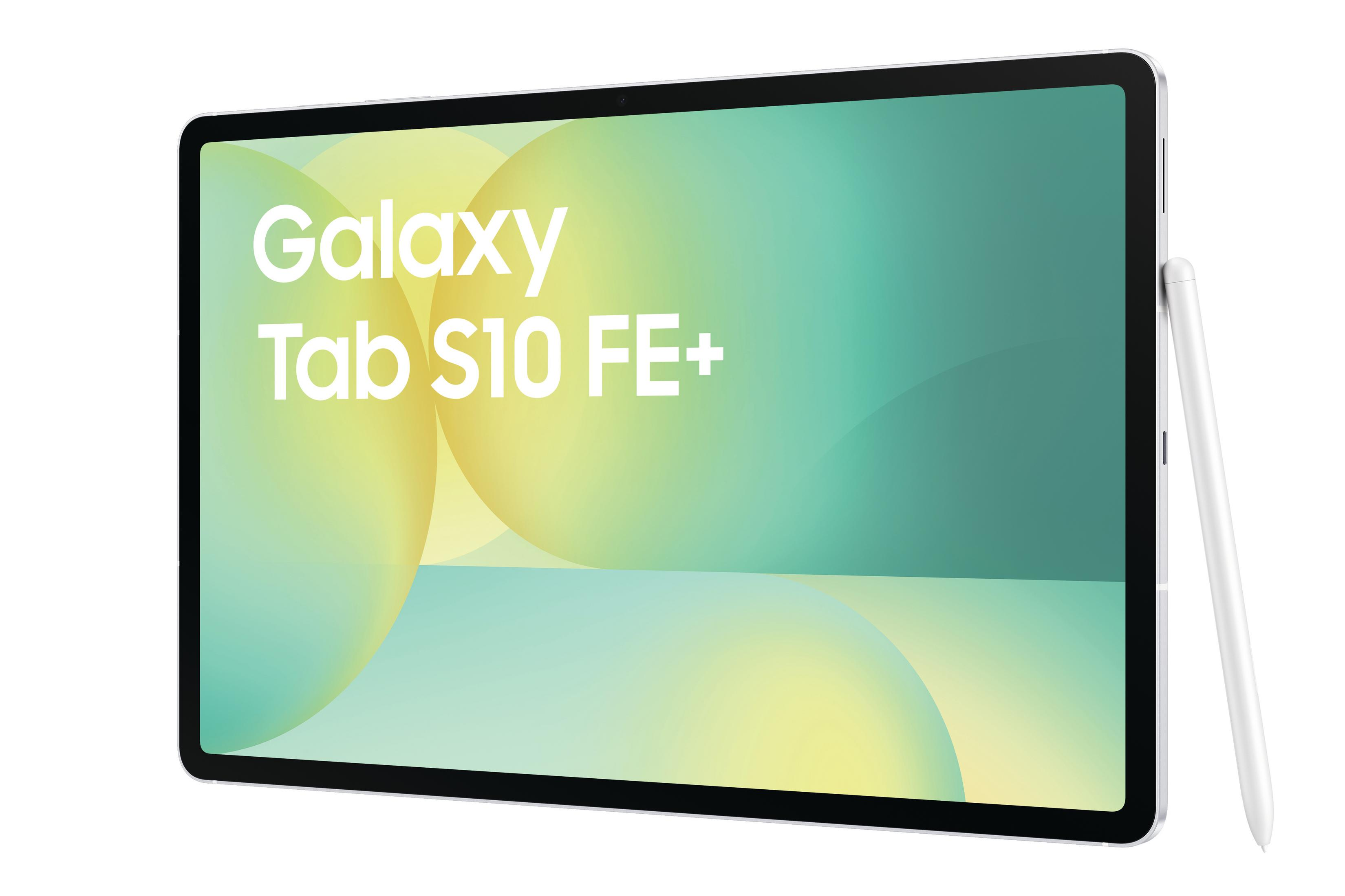 Tablet wyświetla 'Galaxy Tab S10 FE+' z rysikiem z boku. Ekran ma gradientowe tło.