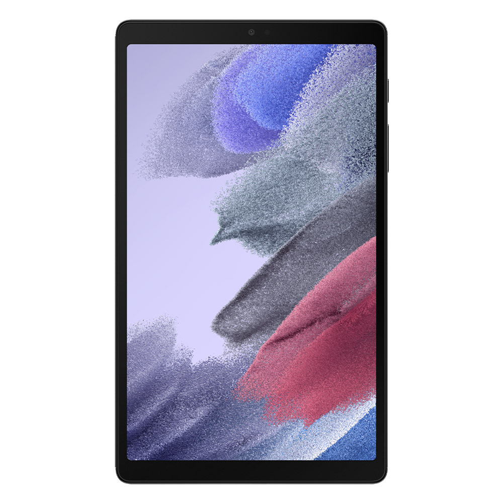 Ein schwarzes Tablet zeigt ein farbenfrohes, abstraktes Bild mit blauen, lila, grauen und roten Pinselstrichen auf hellem lila Hintergrund.