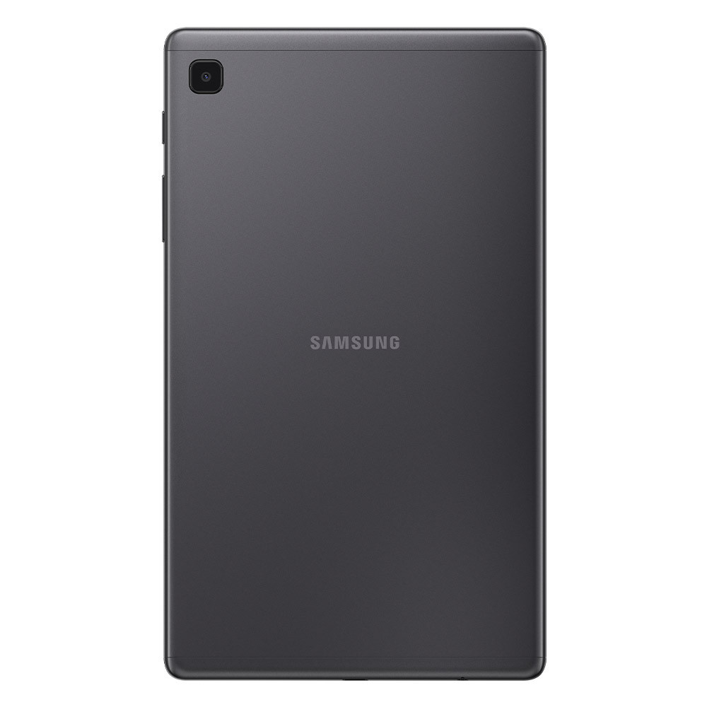 Rückseite eines dunkelgrauen Samsung-Tablets. Ein Kameraobjektiv befindet sich oben links. Das Samsung-Logo ist zentriert.