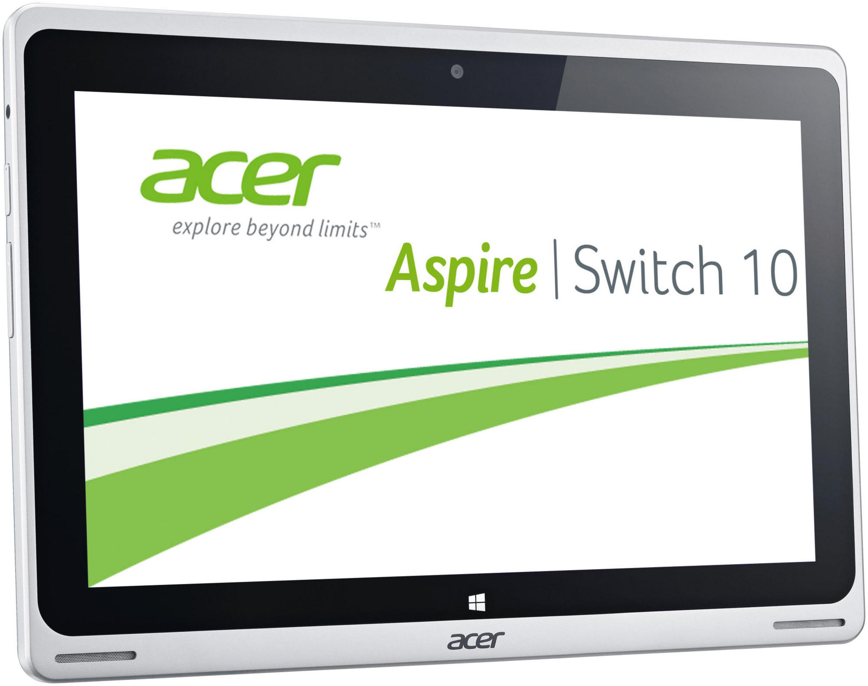Ein Acer Aspire Switch 10 Tablet. Der Bildschirm zeigt das Markenlogo und den Produktnamen. Das Tablet hat eine silberne Blende.