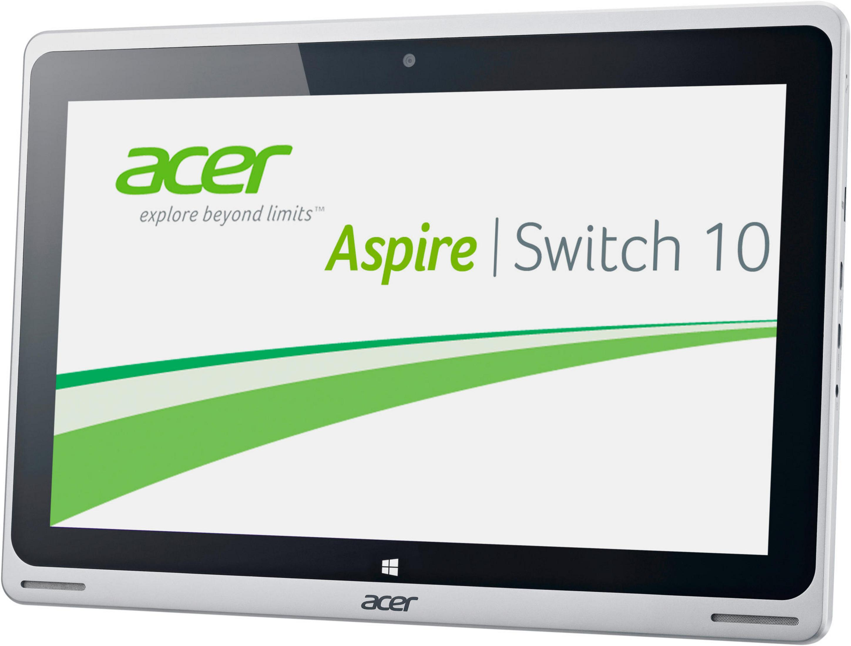 Ein Acer Aspire Switch 10 Tablet. Der Bildschirm zeigt das Acer-Logo und den Produktnamen. Das Gerät ist silber.