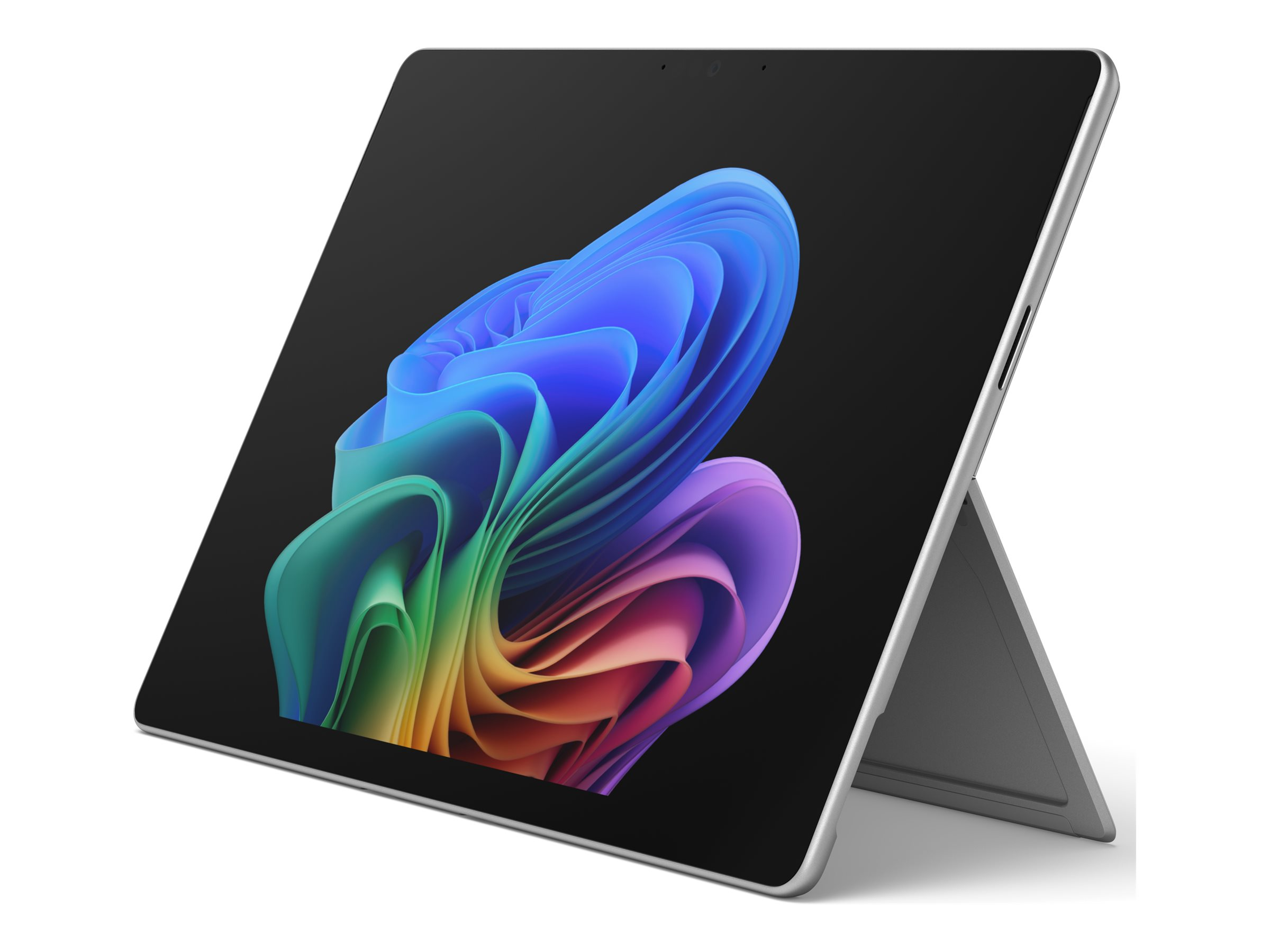 Un tablet d'argento su una superficie bianca. Lo schermo mostra un design astratto colorato, un arcobaleno di forme vorticose.