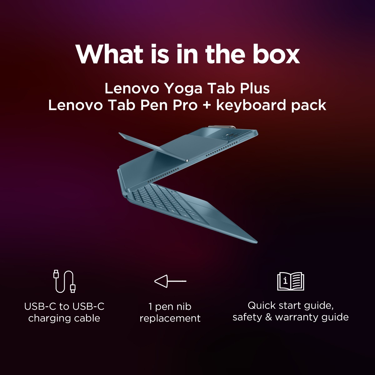 Un tablet Lenovo turchese con tastiera, cavo USB-C, punta per penna e guida su sfondo sfumato, con testo 'Cosa c'è nella scatola'.