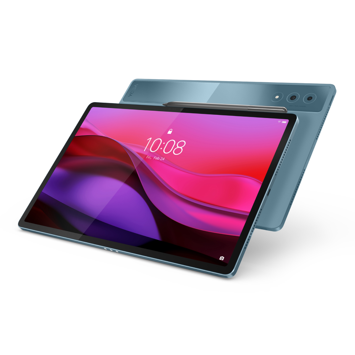 Due tablet blu. Uno angolato in avanti, che mostra lo schermo con l'ora e la data. L'altro è dietro, mostrando fotocamere e uno stilo.
