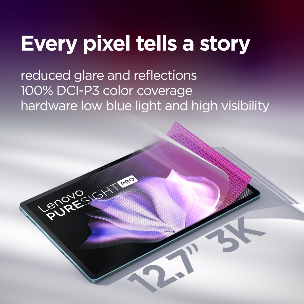Un tablet Lenovo con schermo vibrante, che mostra testo su riflessi ridotti, copertura cromatica e bassa luce blu, con 12,7" 3K.